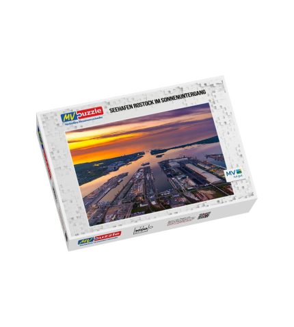 Puzzle Seehafen Rostock im Sonnenuntergang