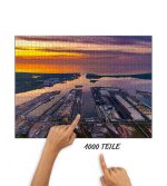 Puzzle Seehafen Rostock im Sonnenuntergang