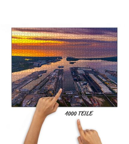 Puzzle Seehafen Rostock im Sonnenuntergang